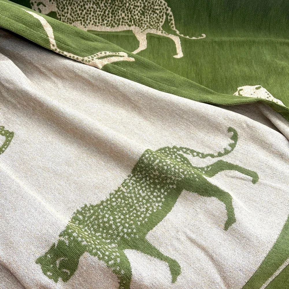 NWOT Elegant Green and Tan Sofa Throw with Cheetah Design